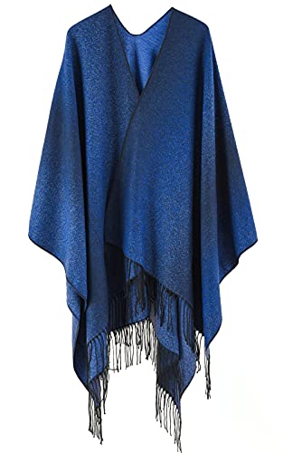FEOYA großer Damen-Poncho, Schal, warm, für Herbst und Winter, 1 x Blau, One size von FEOYA