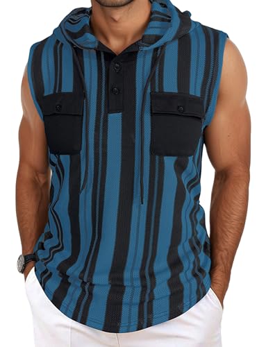 FOEYA Tank Top Herren Muskelshirt Ärmelloser Hoodie Sport Tanktop Striped Kaputzenpullover ohne Taschen Bodybuilding Gym Sport Tägliche Outgoing-T-Shirts Blau 3XL von FEOYA