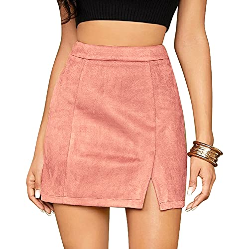 Female Rock Wildlederimitat Kurz Skirt Wildleder Minirock Basic Freizeit Regular Fit Sexy Damenröcke Noos Rock Mädchen Rock Pencil Skirt Fauxsuede Short Skirt-Rosa-M von FEOYA