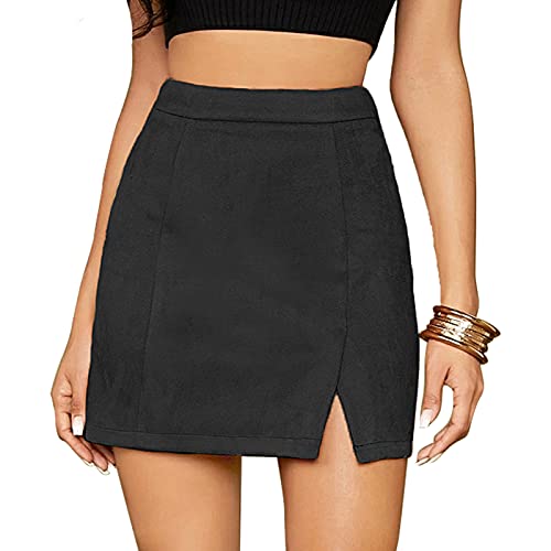 Female Rock Wildlederimitat Kurz Skirt Wildleder Minirock Basic Freizeit Regular Fit Sexy Damenröcke Noos Rock Mädchen Rock Pencil Skirt Fauxsuede Short Skirt-Schwarz-L von FEOYA