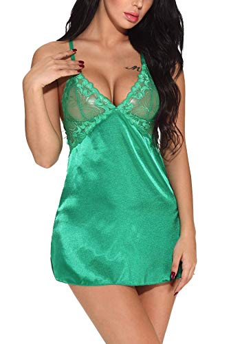 Feoya Damen Satin Nachthemd Babydoll Negligee Rückenfrei Nachtkleid Nachtwäsche Kleid Lingerie Sleepwear Spitze BH Grün S von FEOYA