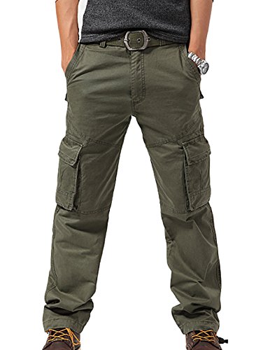 Feoya Herren Arbeitshose Wasserwäsche vintage Cargohose Mehrere Tasche Hosen aus Baumwolle Trekkinghose Loose-Fit Outdoor Freizeithose größe 33=EU 48(Taille 85cm) Grün von FEOYA