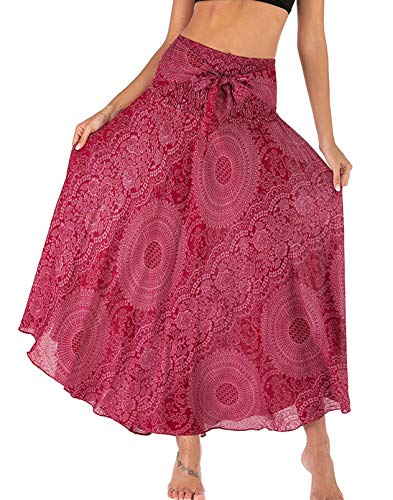 Frauen Langer Böhmischer Boho Blumen Elastischer Faltenrock Damen Röcke Boho Lang Sommerrock A-Linie Faltenrock Maxi Strandrock von FEOYA