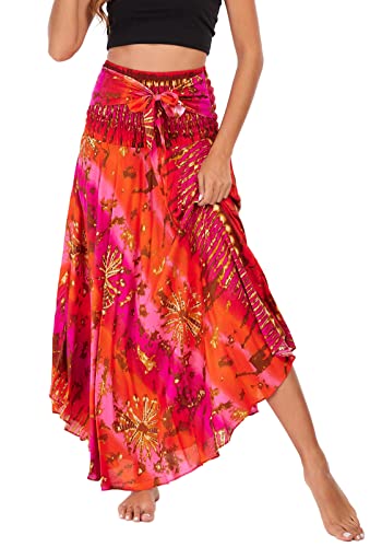 Frauen Langer Böhmischer Boho Blumen Elastischer Faltenrock Damen Röcke Boho Lang Sommerrock Maxirock A-Linie Faltenrock Maxi Strandrock von FEOYA