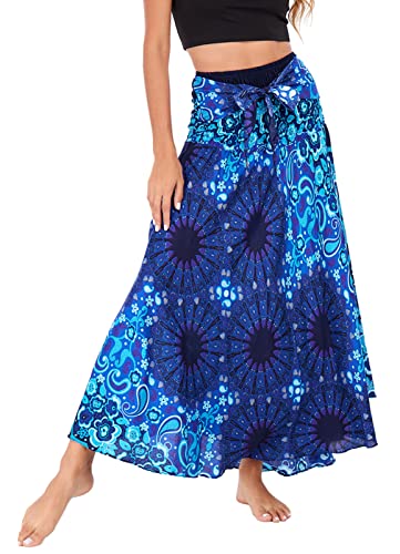 Frauen Langer Böhmischer Boho Blumen Elastischer Faltenrock Damen Röcke Lang Sommerrock Boho A-Linie Faltenrock Maxi Strandrock von FEOYA