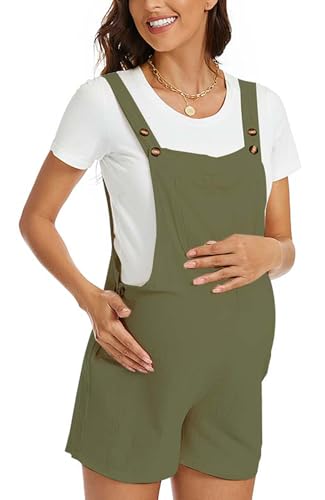 Frauen Umstands Jumpsuit Baumwolle Umstandsmode Damen Overall Schwangerschafts Latzhose Weites Bein Kurz Hose Armeegrün M von FEOYA