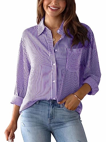 Gestreifte Bluse Damen Blusen Oberteil Langarm Büro Tops Casual Shirt S Lila von FEOYA