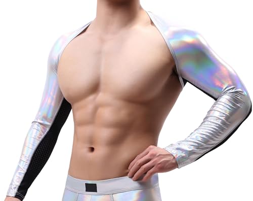 Glänzendes Crop-Tanktop für Herren, metallisch, ärmellos, Brustgeschirr, Bolero, Clubwear, Silberfarbene Schulterstulpen, Mittel Glänzendes Crop-Tanktop für Herren, metallisch, ärmellos, Brustgeschirr, Bolero, Clubwear, Silberfarbene Schulterstulpen, Mittel von FEOYA