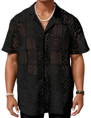 Hemd Kurzarm Herren Sommer Spitze Tank Top Lace Shirts Muskel Spitzenhemd Freizeithemd Nachtclub Party Tops XL Schwarz von FEOYA