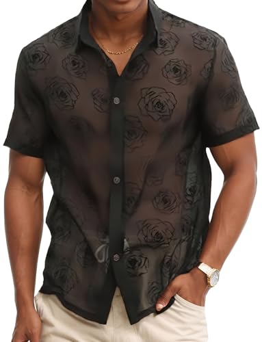 Hemd Kurzarm Herren Sommer Spitze Tank Top Shirts Muskel Spitzenhemd Freizeithemd Nachtclub Party Tops XL Schwarz von FEOYA