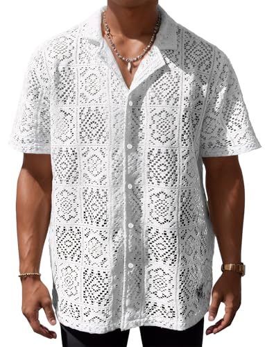 Herren Hemd Transparent Kurzarm Freizeithemd Männer Spitzenhemd Sommer Lässig Lace Shirt Outfit Nachtclub XXL Weiß von FEOYA