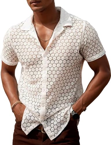 Herren Hemd Transparent Kurzarm Freizeithemd Männer Spitzenhemd Sommer Lässig Lace Shirt Outfit Nachtclub XXL Weiß von FEOYA