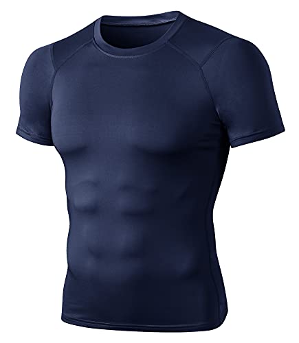 Herren Kurzarm Sportshirt Sportbekleidung Rundhals-Ausschnitt Slim Fit T-Shirt Funktionsshirt Männer Athletischen Sport Top Fitness T-Shirt Laufshirt Kompressionsshirt-Dunkelblau-M von FEOYA