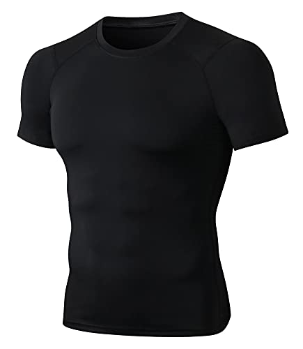 Herren Kurzarm Sportshirt Sportbekleidung Rundhals-Ausschnitt Slim Fit T-Shirt Funktionsshirt Männer Athletischen Sport Top Fitness T-Shirt Laufshirt Kompressionsshirt-Schwarz-XXL von FEOYA