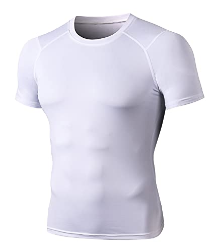 Herren Kurzarm Sportshirt Sportbekleidung Rundhals-Ausschnitt Slim Fit T-Shirt Funktionsshirt Männer Athletischen Sport Top Fitness T-Shirt Laufshirt Kompressionsshirt-Weiß-M von FEOYA