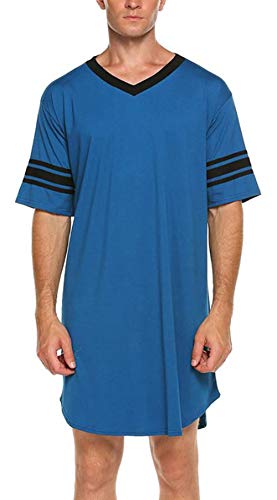 Herren-Pyjamas Baumwolle Kurzarm Nachthemden Schlafhemden V-Ausschnitt Nachtwäsche Patchwork Casual Homewear Einteiliger Schlafanzug Nachtwäsche Männer Knielang Herrennachthemden-Blau-Größe M von FEOYA