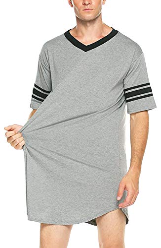 Herren-Pyjamas Baumwolle Kurzarm Nachthemden Schlafhemden V-Ausschnitt Nachtwäsche Patchwork Casual Homewear Einteiliger Schlafanzug Nachtwäsche Männer Knielang Herrennachthemden-Grau-Größe XL von FEOYA