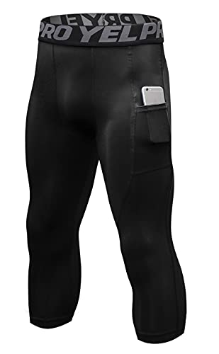 Herren Sport Leggings Lang und 3/4 Eng Trainingshose Laufhose Baselayer Leggings Kompressionshose Männer Funktionswäsche Radlerhose Atmungsaktiv Funktionsunterhose Tights Sporthose-3/4-Schwarz-L von FEOYA