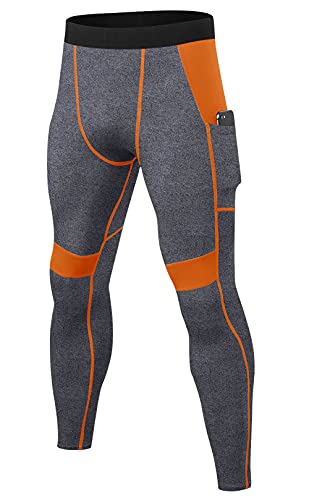 Herren Sport Leggings Lang und 3/4 Eng Trainingshose Laufhose Baselayer Leggings Kompressionshose Männer Funktionswäsche Radlerhose Atmungsaktiv Funktionsunterhose Tights Sporthose-Grau-orange-L von FEOYA