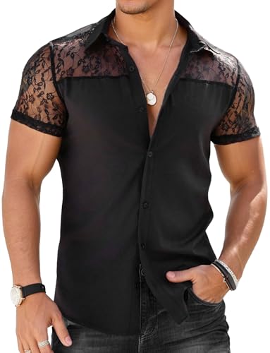 Herren Transparent Netz T-Shirt Kurzarm Männer Spitzenhemd Sommer Lässig Lace Shirt Tag M=EU S von FEOYA