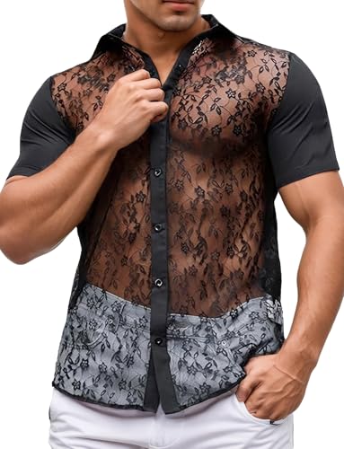 Herren Transparent Netz T-Shirt Kurzarm Männer Spitzenhemd Sommer Lässig Lace Shirt Tag M=EU S von FEOYA
