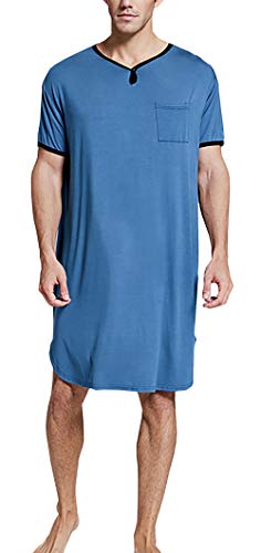 Herrennachthemd Baumwolle Kurzärmelig V-Ausschnitt Erweiterlang Pyjamas Herren-Nachthemd Homewear Nachthemd Einteiliger Schlafanzug Nachtwäsche Knielang Männer Nachthemden Schlafanzug-Blau-Größe XL von FEOYA