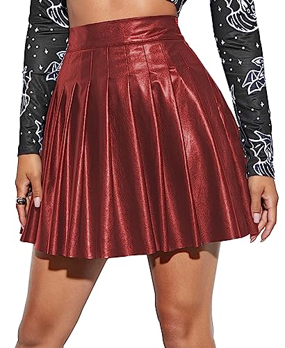 Lederrock Damen Sexy Kurz Plissee Rock Party Hohe Taille PU Minirock Leder Ausgestellter Rock Einfarbig Skater Rock Sommer Clubwear Skirt XXL von FEOYA