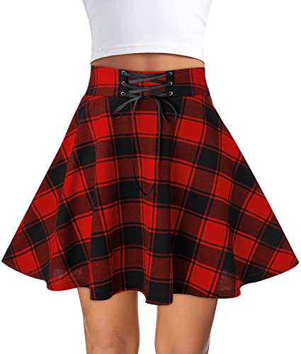 Rock Damen Vintage Plaid Winterrock Elastische Hohe Taille Röcke A Linie Casual Minirock Elegant Faltenrock Rock Plissee Damen von FEOYA