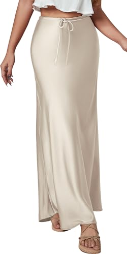 Satin Rock Damen Lange a Linie Elegant Bürorock Cocktail Casual Hüftrock Satinröcke Glänzende High Waist Maxirock Business L von FEOYA