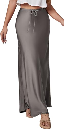Satin Rock Damen Lange a Linie Elegant Bürorock Cocktail Casual Hüftrock Satinröcke Glänzende High Waist Maxirock Business L von FEOYA
