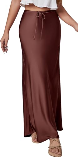 Satinrock Lang Damen Hüftrock Elegant Bürorock Business Satin Rock mit Kordelzug High Waist Maxirock Sommer Business XL von FEOYA
