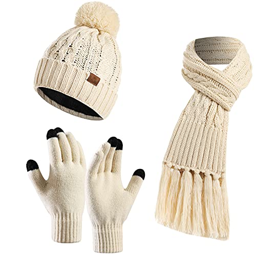 Strickmütze Schal Handschuhe 3-teilig für Frauen Kombiset Strickset Beanie Herren Winter Warm Fleecefutter Fäustlinge Strickhandschuhe Winterzubehör Handschuh Set von FEOYA