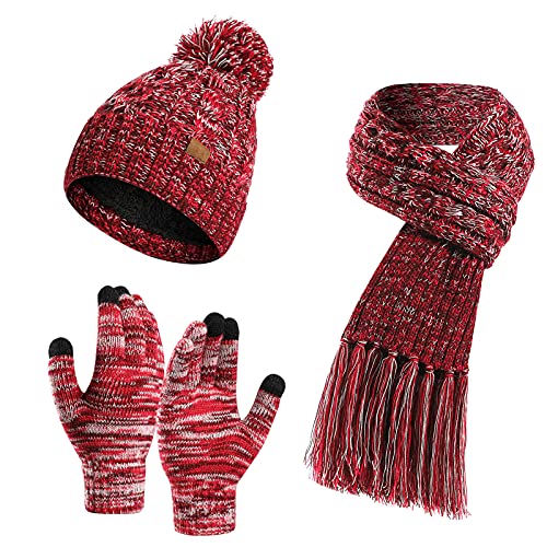 Strickmütze Schal Handschuhe 3-teilig für Frauen Kombiset Strickset Beanie Herren Winter Warm Fleecefutter Fäustlinge Strickhandschuhe Winterzubehör Handschuh Set von FEOYA