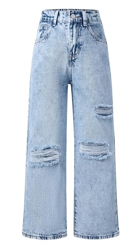 Teenager Mädchen Geschnittene Hose Baggy Jeanshose Y2K High Waist Loose Fit Jeans 130 von FEOYA