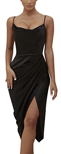 Verstellbare Träger Seide Damen Weiß Slip Kleid Datum Hochzeit Party Hohe Taille Schwarz S von FEOYA