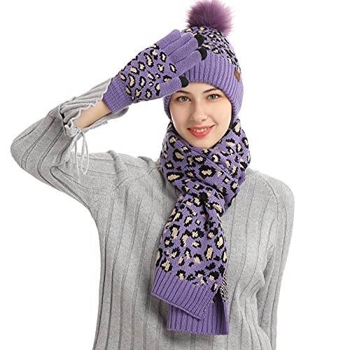 Winterzubehör Handschuh Set Strickmütze Schal Beanie Damen herren Wintermütze Schal Set Beanie Gestrickt Fleece Bommel Touchscreen Handschuhe Set von FEOYA