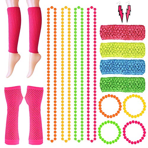 FEPITO 18 Pcs Neon Perlen Halsketten Armbänder Blitz Ohrringe Netzhandschuhe Neon Beinstulpen Dehnbare Stirnbänder Für 80er Jahre Kostüm, 80er Jahre Party Kostümzubehör von FEPITO