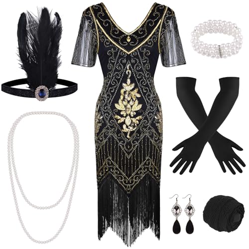 FEPITO 1920er Jahre V-Ausschnitt Pailletten Perlen Fransen Kleid mit 20er Jahre Accessoires Set (Medium, Black Gold) von FEPITO