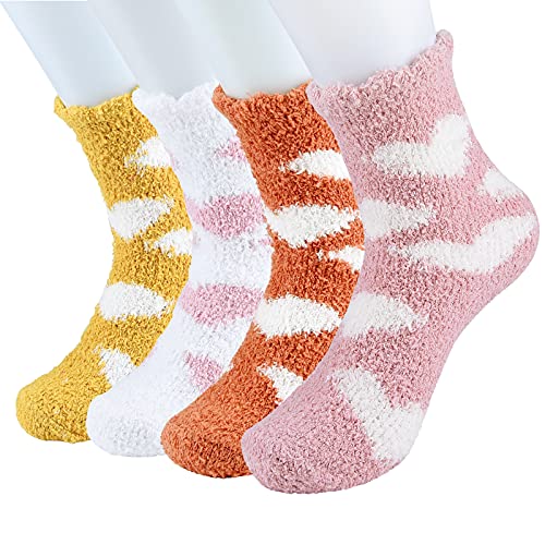 FEPITO 4 Paar Damen Fuzzy Bettsocken Winter Flauschige Kuschelige Socken Slipper Socken für Damen (white,yellow,orange,pink) von FEPITO