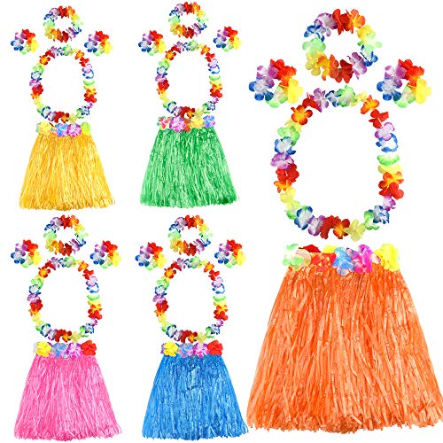 FEPITO 5 Set 25 Stück Hawaiian Gras Hula Sets enthalten Blume Leis Halskette Stirnband Armbänder Luau Rcke für Kinder Hawaii Kostüm Tropical Luau Birthday Party Supplies von FEPITO