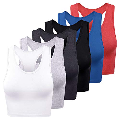 FEPITO 6 Stück Damen Basic Crop Tops Sport Baumwoll Tank Tops Racerback Ärmellose Top Workout Shirts Crop Tanks für Frauen, Small-Medium von FEPITO