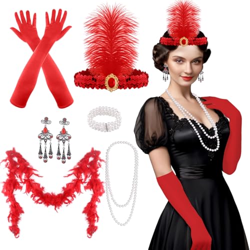 FEPITO 9 Pcs 1920er Jahre Zubehör Set Flapper Stirnband Halskette Ohrringe Lange rot Handschuhe Boa Great Gatsby Thema Party Zubehör für Frauen (Set F) von FEPITO