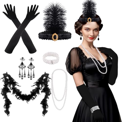 FEPITO 9 Pcs 1920er Jahre Zubehör Set Flapper Stirnband Halskette Ohrringe lange schwarze Handschuhe Boa Great Gatsby Thema Party Zubehör für Frauen (Set G) von FEPITO