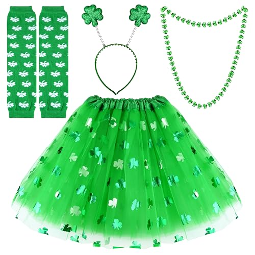 FEPITO St.Patrick's Day Parade Kostümzubehör-Set Beinhaltet Shamrock Green Tutu Tüllrock und Shamrock Stirnband Halskette für St.Patrick's Day Dekoration Party Supplies von FEPITO