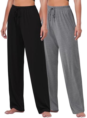 FEQO 2 Pack Damen Loungehose Jogginghose Lang Pyjamahose Stretch Weites Bein Hose Schlafanzughose für Frauen (Schwarz, Dunkelgrau, XXL) von FEQO