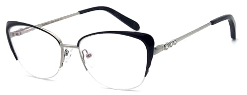 FERAVIA Damen elegante Schmetterling Halbrahmen Nicht verschreibungspflichtige Metall Diamant Brille Schwarz/Silber Farbe von FERAVIA