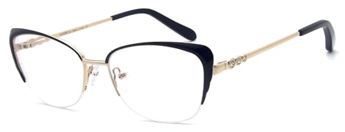 FERAVIA Damen elegante Schmetterling Halbrahmen Nicht verschreibungspflichtige Metall Diamant Brille Schwarz/Gold Farbe von FERAVIA