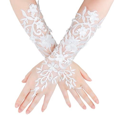FERCAISH 1 Paar Lange Spitzenhandschuhe, Weiße Brauthandschuhe, Fingerlose Handschuhe mit Spitze, Frauen Blumenspitze Handschuhe, für Hochzeit Party Teeparty Opernparty Kostüm von FERCAISH