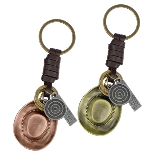 FERCAISH 2 Stück Rindsleder Cowboy Hut Keychain, Cowboyhut Kappen Schlüsselanhänger, Retro Eisen Tag Schlüsselhalter, für Auto Handtasche Schlüssel (Rotbronze + Goldbronze) von FERCAISH
