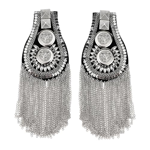 FERCAISH Mode Quaste Schulter Abzeichen Unisex Niet Epaulet Metall Punk Schulterklappen Abnehmbare Fransen Kette Kostüm Uniform Zubehör Für Männer Frauen Epauletten(2 Stück,Silber) von FERCAISH